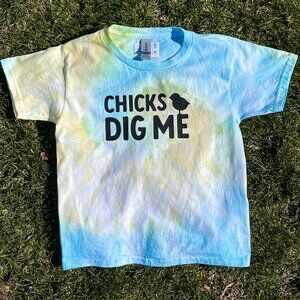 Child Youth XS (4-5) 'Chicks Dig Me' Yellow & Aqua Blue Spiral Tie-Dye T-Shirt